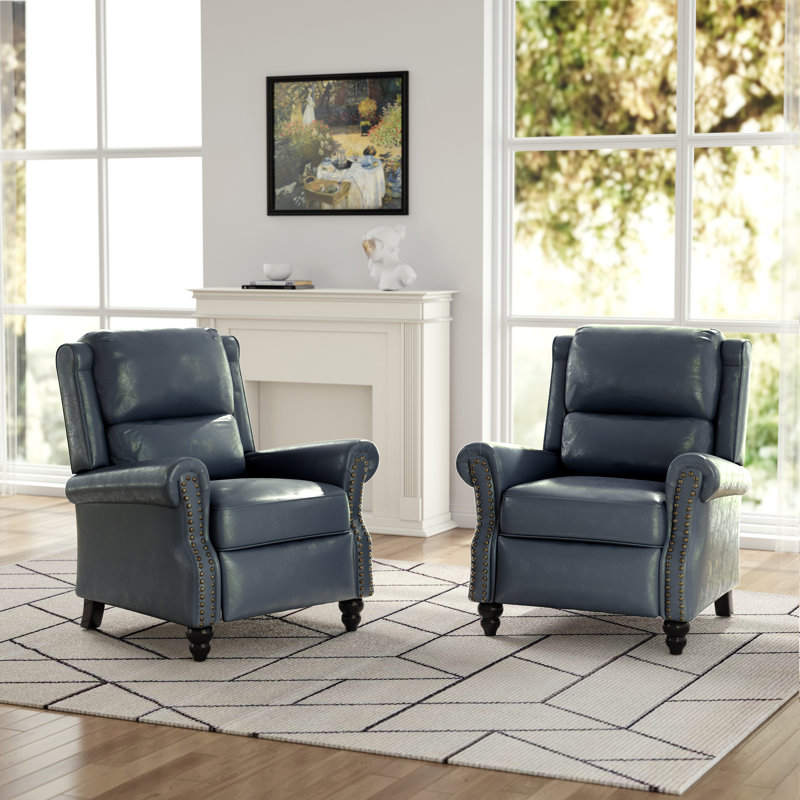 Ameiah Upholstered Navy Blue Faux Leather Manual Push Back Recliner Chair with Wingback, Navy Blue