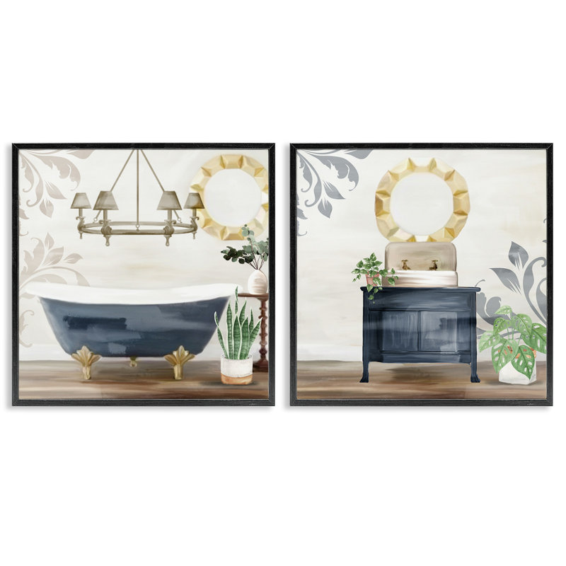 "Chic Bathroom Interior Still Life", ensemble de 2 giclées encadrées par Kim Allen, H 17 po x l 17 po