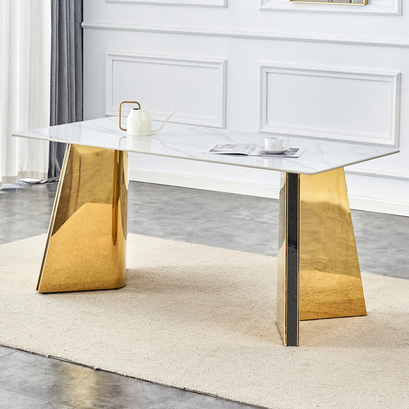Table de salle à manger Marble, Doré, Blanc / Gris, H 30 po x L 63 po x l 31,5 po
