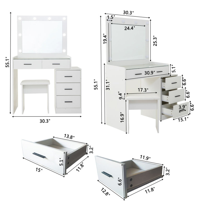 Coiffeuse réglable blanche avec 5 tiroirs