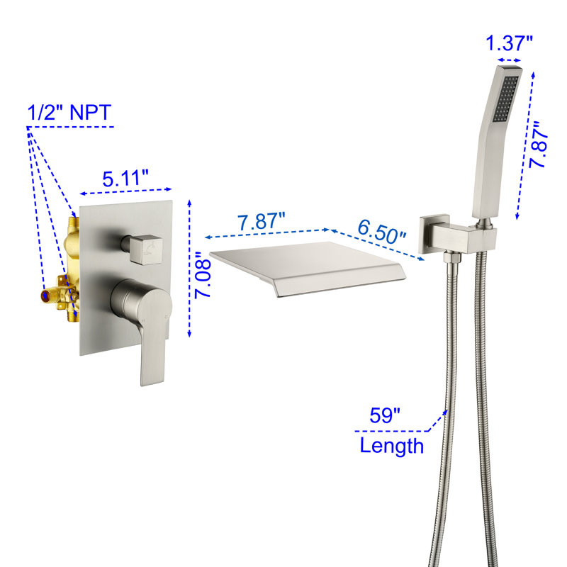 1 Handle Wall Waterfall Faucet with Diverter, Brushed Nickel