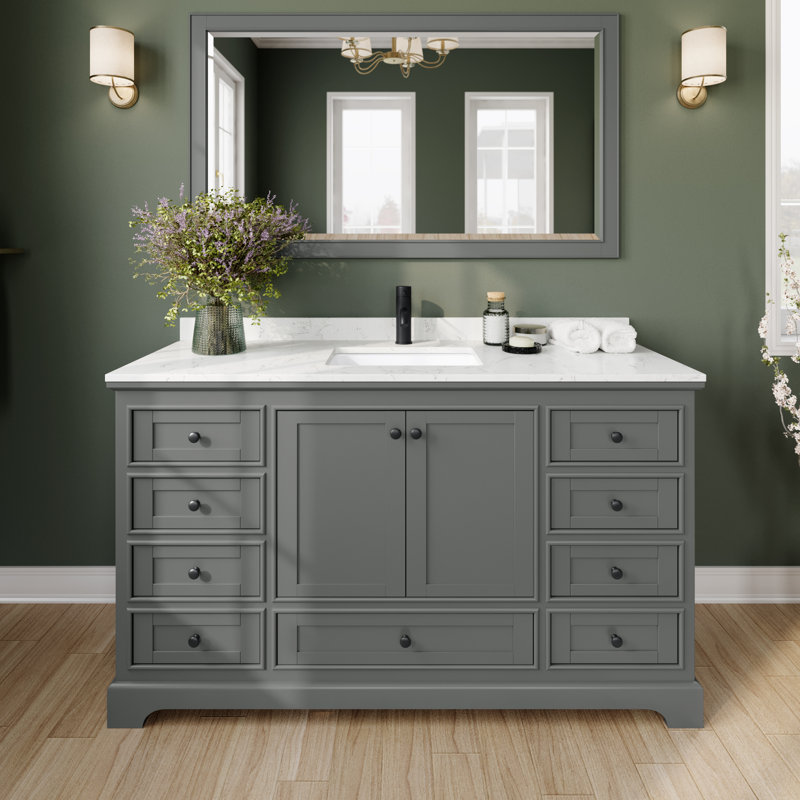 Deborah 60'' Single Bathroom Vanity with Marble Top, Carrara Cultured Marble, Dark Gray/Matte Black
