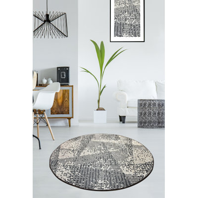 Tapis rond gris en polyester / velours à tissage plat Rizwan