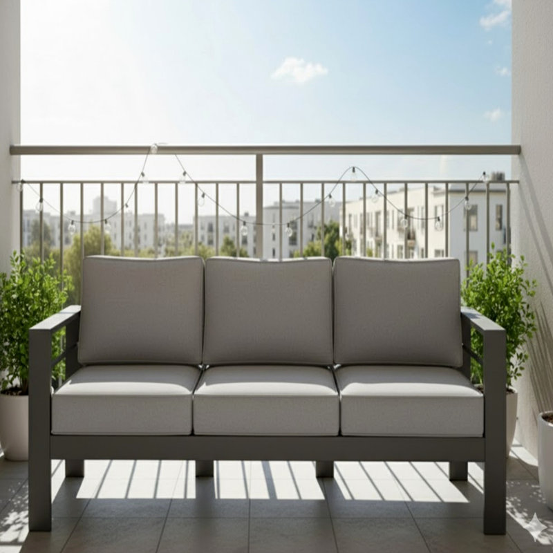 Canapé de patio 75 po 3 places toutes saisons en métal avec coussins et structure épais, Gris