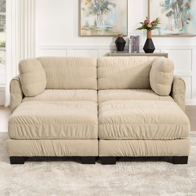 Canapé d'angle modulaire deux places en chenille à détails froncés, mousse haute densité, coussins de dossier épais