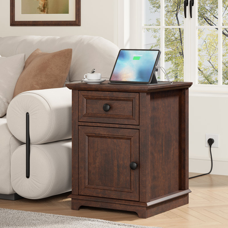 Vianet 24'' Tall End Table with Storage Drawer and Built-In Outlets, Cherry