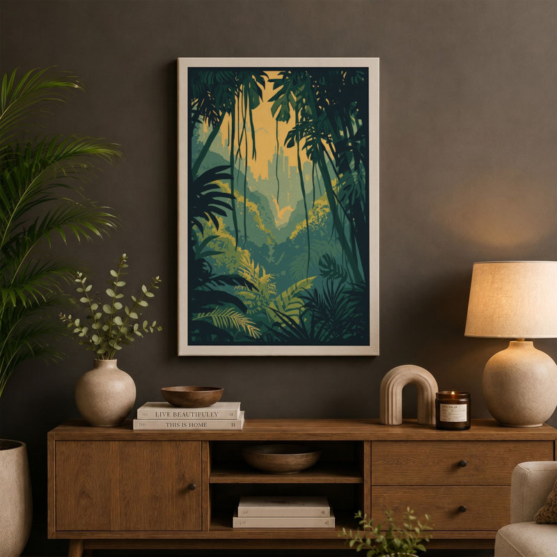 Jungle Paradise Tropical - Wrapped Canvas, 36x24 - 91.4 x 61.0 cm, Teal Border