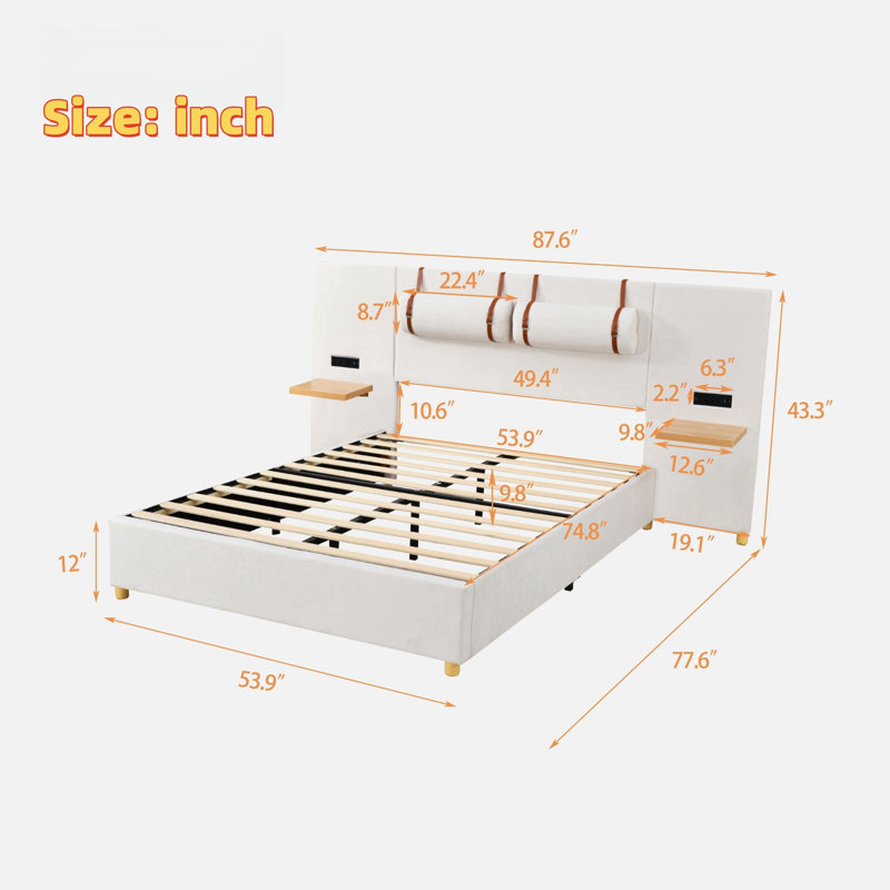 Upholstered Platform Bed With Two Bedside Pillows, Storage Shelves, Two Outlets And USB, Beige, Full