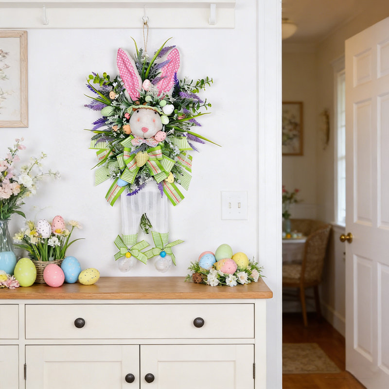 Couronne de lapin en forme d'œuf de Pâques lavande de 1 PC, couronne de fleurs artificielles en forme de lapin de Pâques avec œufs artificiels colorés et nœud de verdure pour porte d'entrée, décoration de fenêtre de maison de campagne de Pâques