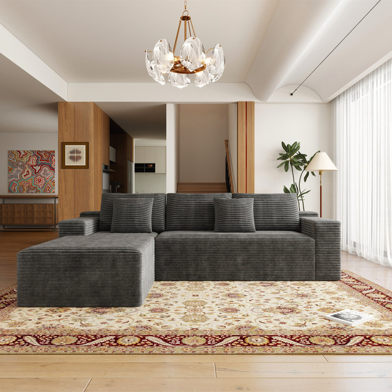 Koli Boneless 104" L-shaped Sectional Couch, Compression Sofa for 4 Person, Corduroy, Left Hand Facing, Gray Velvet