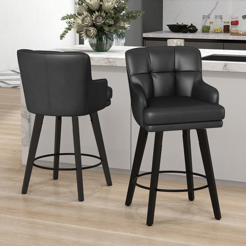 26''H Upholstered 360°Swivel Counter Height Bar Stools, Wood Legs Kitchen Island Chairs, Black, 2
