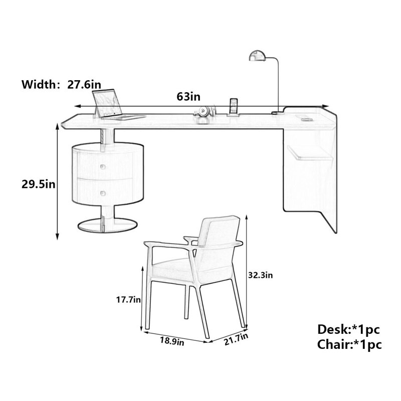 Bureau moderne italien minimaliste, H 29,5 po x l 63 po x P 27,6 po