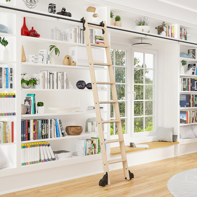 Maple 8.06' 7-Step Wood Removable Sunburst Wheel Ladder, Black