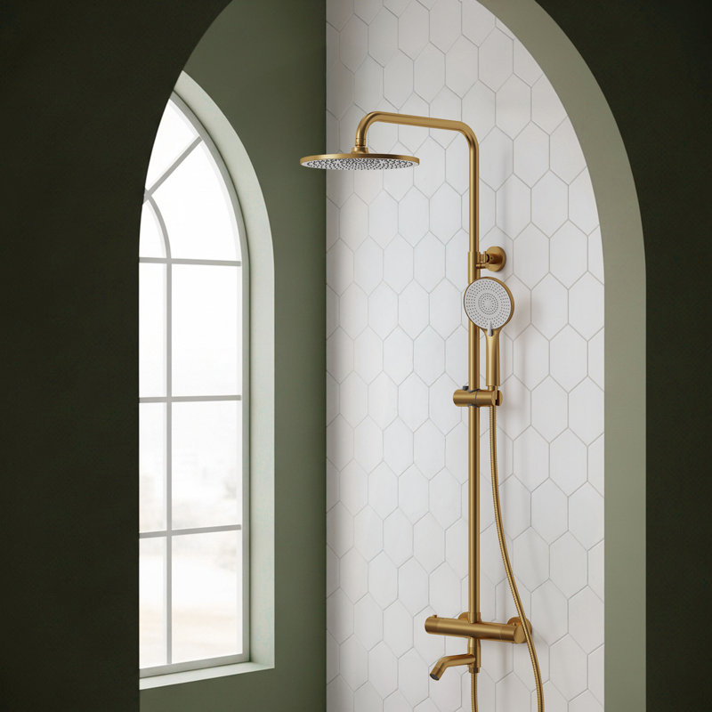 Thermostatic Tub and Shower System with Rain Shower Head and Handheld Spray, Brushed Gold
