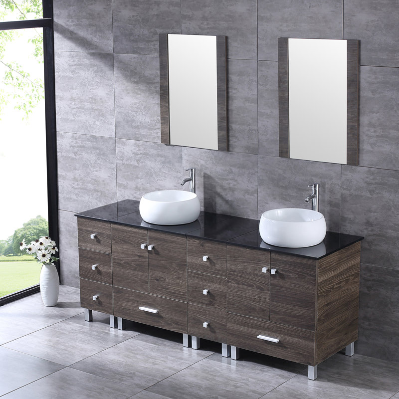 72.4'' Double Bathroom Vanity with Glass Top with Mirror