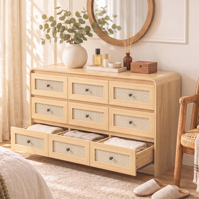 Dresser for Bedroom with Large Drawers,Rattan Wide Dressers with Curved Profile,Wood Rattan Chest of Drawers for Bedroom,Living Room,9 Drawers,Natural