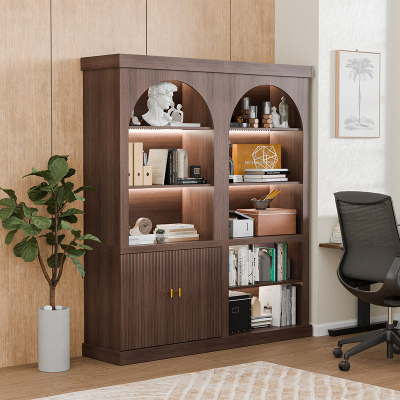 Grande armoire de rangement arquée de 70 po avec tablettes à DEL, ensemble d'armoires en bois moderne avec portes et tiroirs, présentoir polyvalent et rangement pour le salon et le bureau personnel