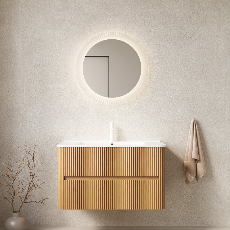 Meuble-lavabo de 36 po avec lavabo, armoire de rangement murale en contreplaqué flottant avec 2 tiroirs, lavabo en céramique blanche, sans robinet, grain de bois naturel pré-assemblé