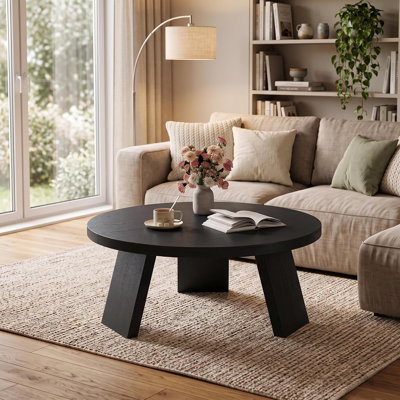 Round Coffee Table, Modern Wood Coffee Table for Living Room, Black | Modern Wood Living Room Table, Center Table, Accent Table with Inclined Legs, Easy Assembly, Easy Clean