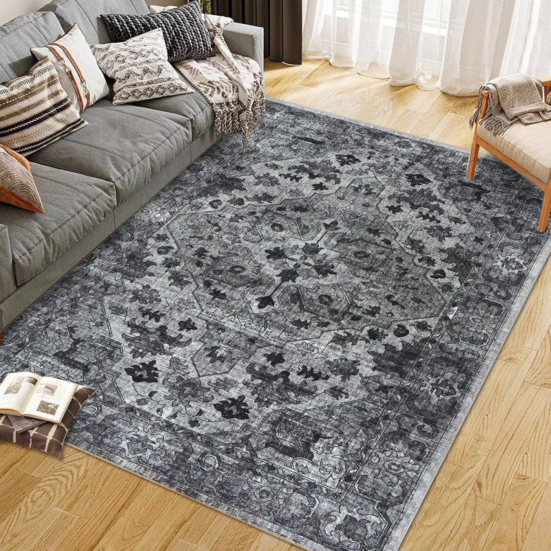 Entryway Runner Rug, Washable Vintage Low Pile Stain-Resistant, Non-Slip Soft Thin Carpet for Kitchen, Bedroom, Bathroom (Grey)