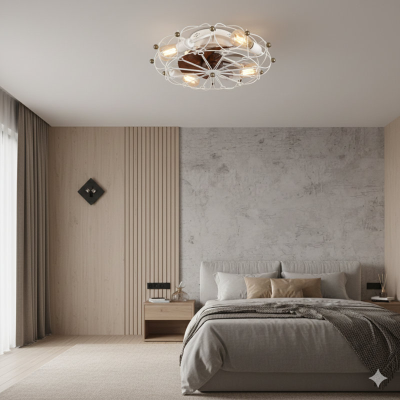Un ventilateur de plafond à profil bas avec lumières intégrées, avec une conception en cage, une télécommande et une esthétique intégrée industrielle moderne.