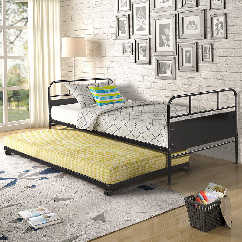 Metal Daybed Platform Bed Frame with Trundle Built-in Casters