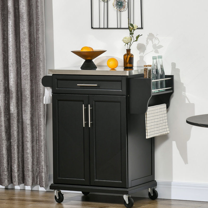 Kitchen Island On Wheels, Rolling Kitchen Cart With Stainless Steel Countertop, Drawer, Towel Rack And Spice Rack, Utility Storage Trolley