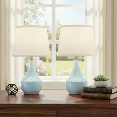18.66-Inch Sky Blue Ceramic Desk Lamp 2-Piece Set With Rocker Switch And LED Bulb. Suitable For Living Room, Bedroom, And Office.