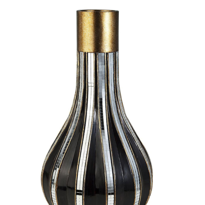 Tall Black and Gold Decorative Vase with Mosaic Glass Stripes