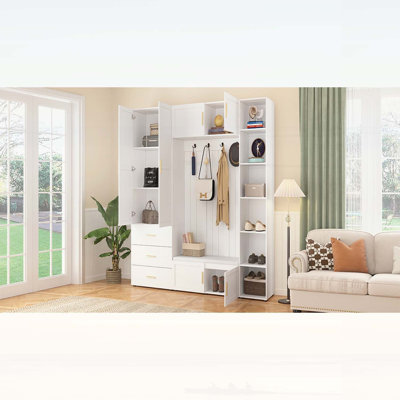 Arbre d'entrée 4 en 1 de style américain avec banc rembourré, 4 crochets et tablettes de rangement réglables pour l'organisation du vestibule