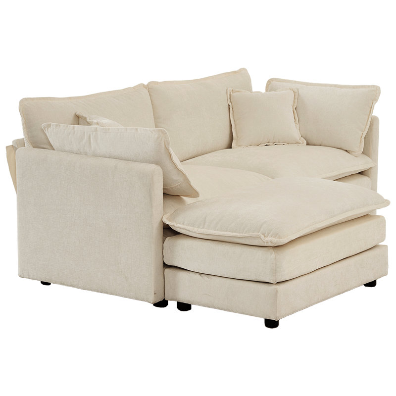 Canapé modulaire beige avec salon en chenille 2 places et repose-pieds, matériaux hauts, base en bois massif