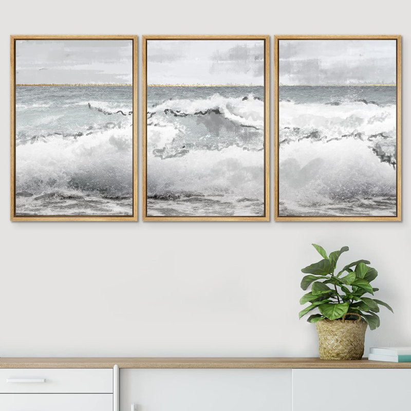 «Crashing Wave Ocean Beach Seascape», impression sur toile 3 pièces, H 24 po x l 48 po x P 1,5 po, Naturel