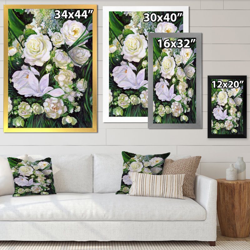 Bouquet de roses blanches et mauves - reproduction sur toile, H 32 po x l 16 po x P 1 po, Cadre photo argenté