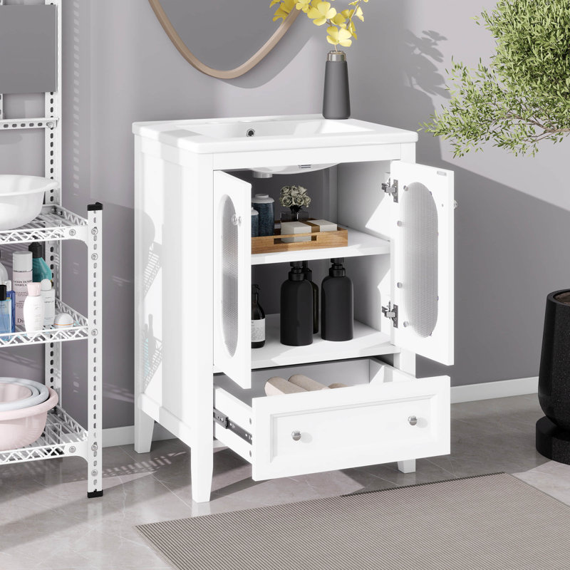 Meuble-lavabo de 24 po avec lavabo, armoire de rangement avec lavabo encastré en céramique, portes et tiroir à fermeture en douceur, tablette réglable