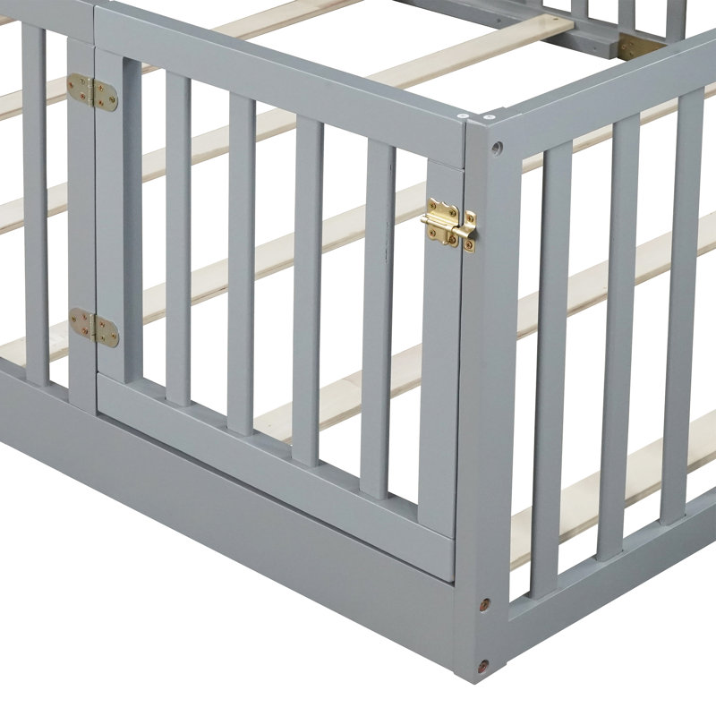 Kids Floor Bed With High Fence And Lockable Door Solid Wood Platforms Standard Bed, Gray, Full