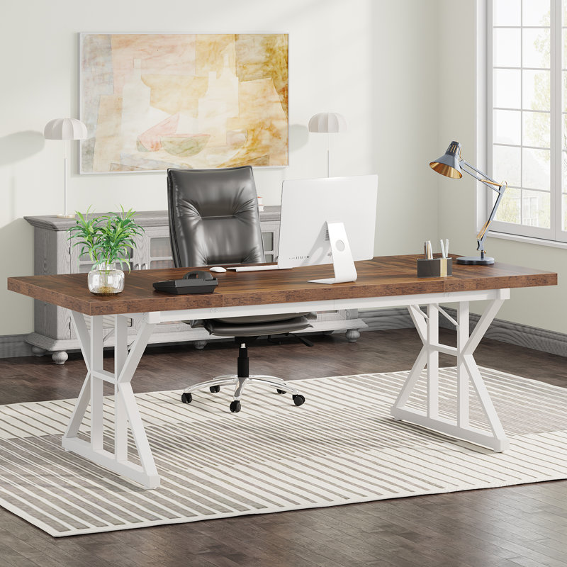 Metal Base Computer Desk, Walnut, 75Cm H x 180Cm W x 80Cm D, White
