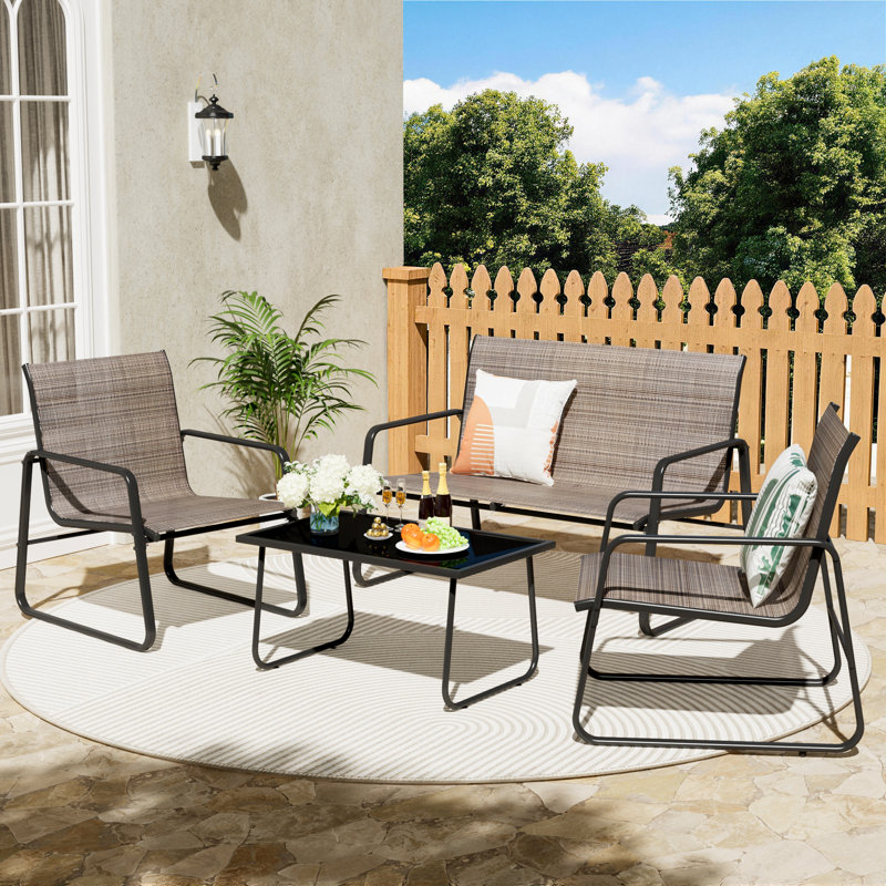 4-Piece PVC-coated polyester Outdoor Patio Sofa Set With Adjustable Feet, Metal Frame & Black Tempered Glass Coffee Table