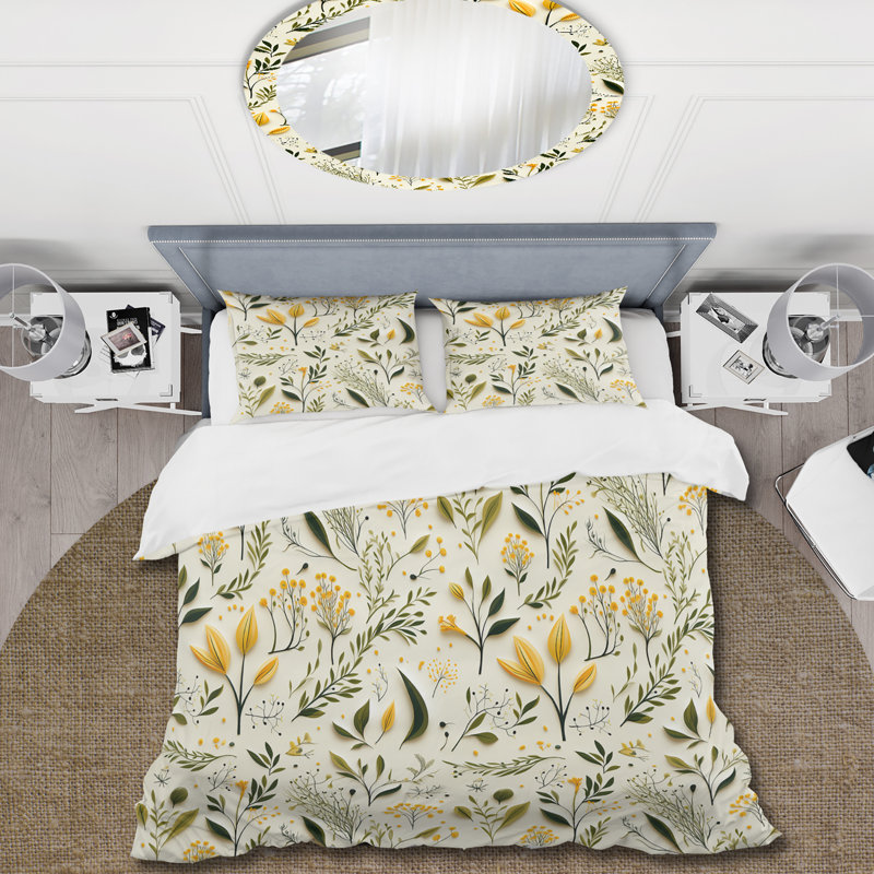 Ensemble de housse de couette jaune et vert à motif floral Simplicity, Housse de couette simple + 1 taie décorative stan