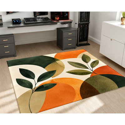 Tapis à motif géométrique abstrait en velours orange, vert et beige, dossier antidérapant, tapis décoratif, décoration intérieure artistique pour salon, chambre à coucher, entrée, cuisine, appartement