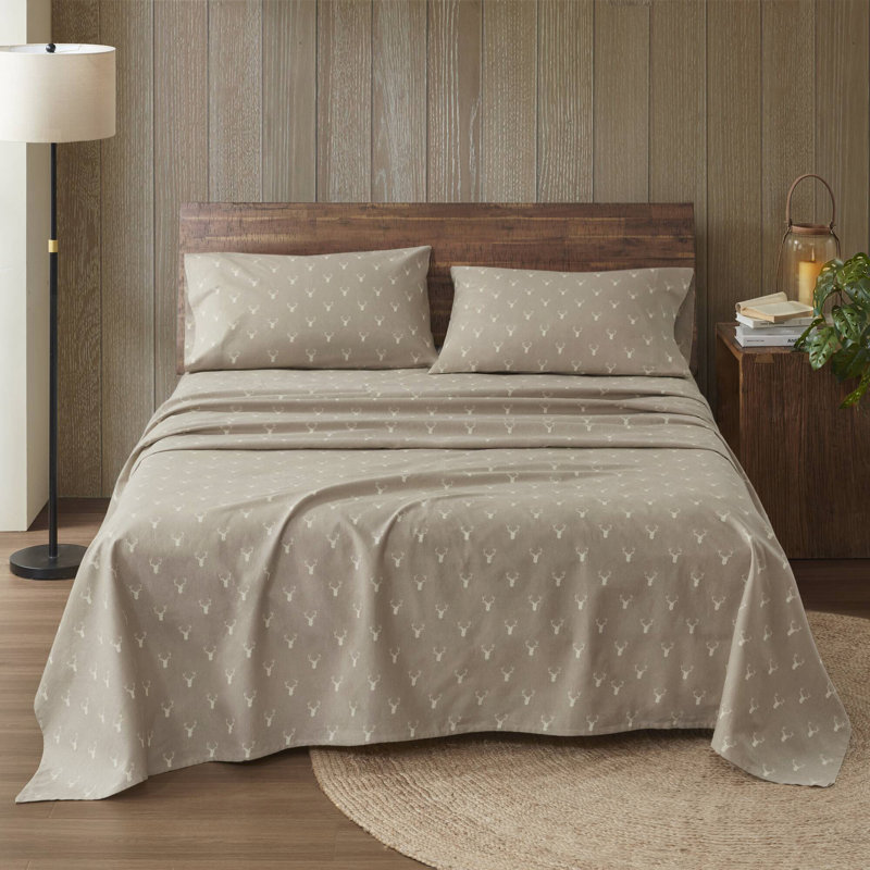 4 Pieces Cotton Flannel Printed Sheet Set, King Sheet Set with 2 Pillowcases