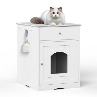 White Cat Litter Box Enclosure With Drawer And Table For Indoor Use Nightstand