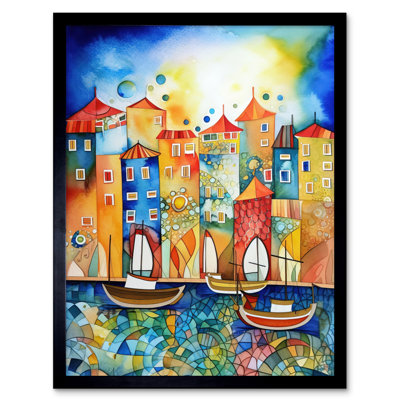 Abstract Sailing Seafront Folk Art Artwork Framed Wall Art Print 9X7 Inch