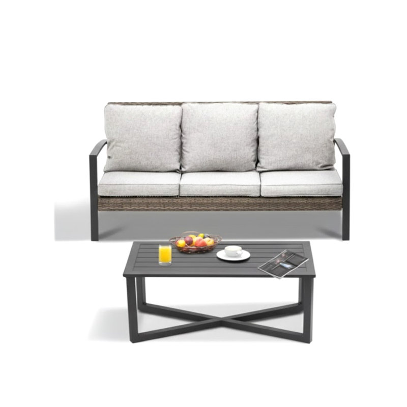 2-Piece Wicker Patio Conversation Set With Gray Cushions & Coffee Table