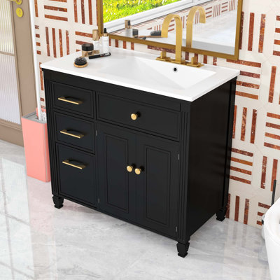 Meuble-lavabo 4 tiroirs avec lavabo en céramique, tablette réglable et armoire de rangement