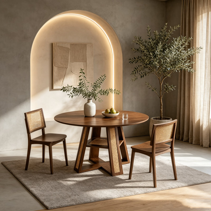 Extendable Round Dining Table with Hidden Storage and Decorative Woven Details