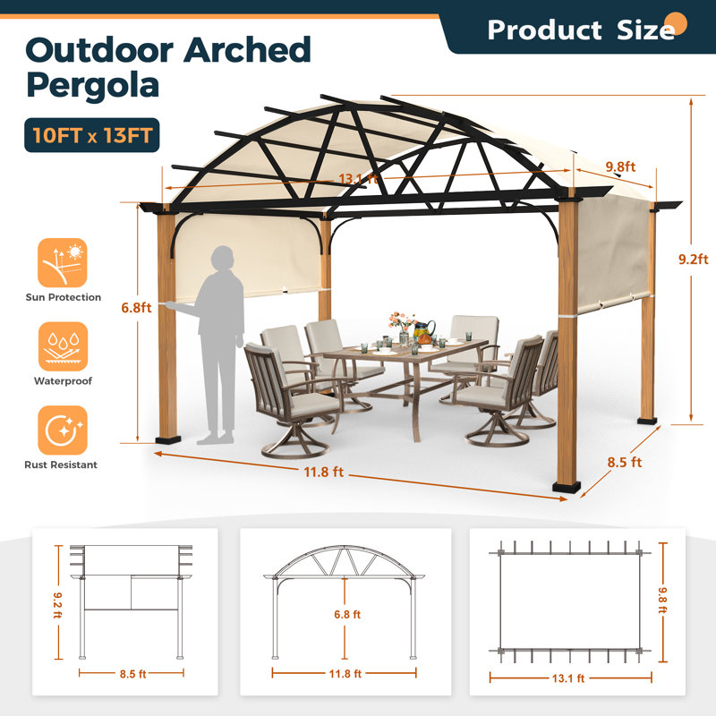 Happatio Aluminum Pergola with Canopy, 13 ft. W x 10 ft. D