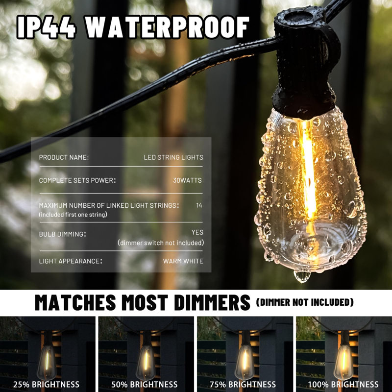 100+10FT Outdoor String Lights with Remote, Dimmable Patio Lights for Outside with 32+2 Bulbs