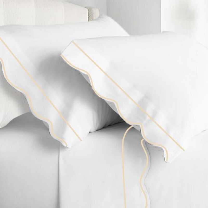 400TC Cotton Scallop Embroidery & Border Cotton 4 Piece Sheet Set Fitted Sheet Fits Upto 16" Deep Pocket, Ivory Border
