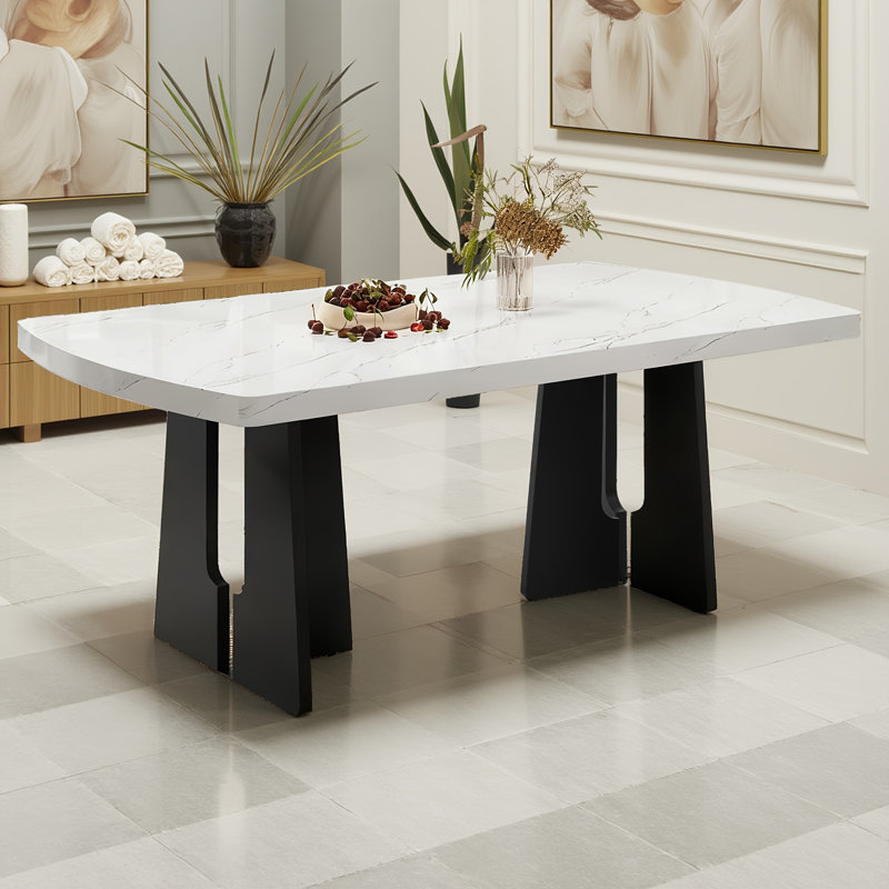 Table de salle à manger en faux marbre - Pieds géométriques modernes pour la cuisine et les espaces repas, Blanc