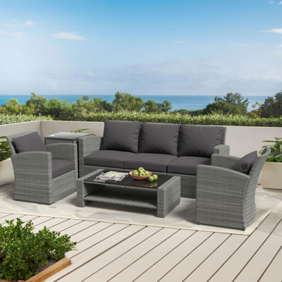 Ensemble de conversation pour patio 5 pièces, osier toutes saisons avec sièges rembourrés, coussins et table d'appoint